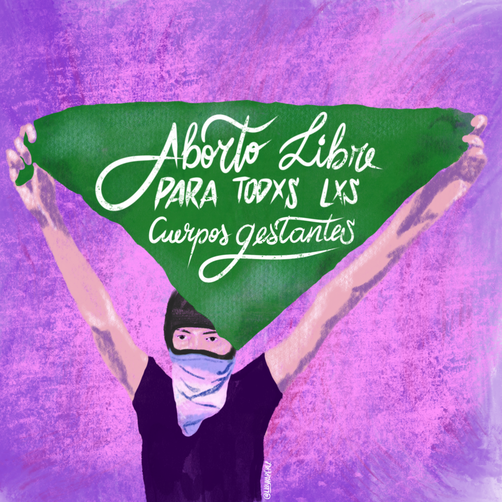 Ilustracion de una persona con capucha sostiene un pañuelo verde con un texto en blanco que dice Aborto libre para todxs lxs cuerpos gestantes sobre un fondo morado.