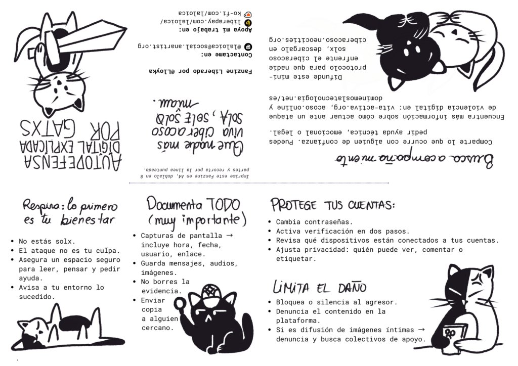 Fanzine en formato PDF titulado ‘Autodefensa digital explicada por gatxs’. Incluye ilustraciones simples de un gato y un mini-protocolo paso a paso para actuar ante violencia digital: crear un espacio seguro, registrar evidencia con capturas, resguardar mensajes, enviar copias a alguien cercano, reforzar contraseñas y privacidad, bloquear o denunciar al agresor y buscar apoyo. Al final se indican instrucciones de impresión, contactos de la autora y enlaces de apoyo y recursos sobre ciberacoso