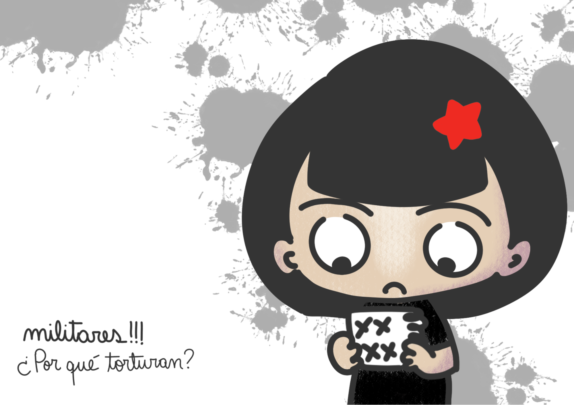 Ilustración de una niña (Violeta) de cabello negro corto con una estrella roja en el pelo. Sostiene una hoja de papel y mira hacia abajo con expresión preocupada. El fondo gris tiene manchas que recuerdan salpicaduras de tinta. Texto: "militares!!! ¿Por qué torturan?".
