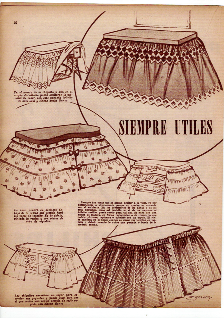 Pagina de la Revista Labores, esta en color sepia y cuenta con 6 modelos de muebles y mesas que tienen faldon para cubrir sus laterales